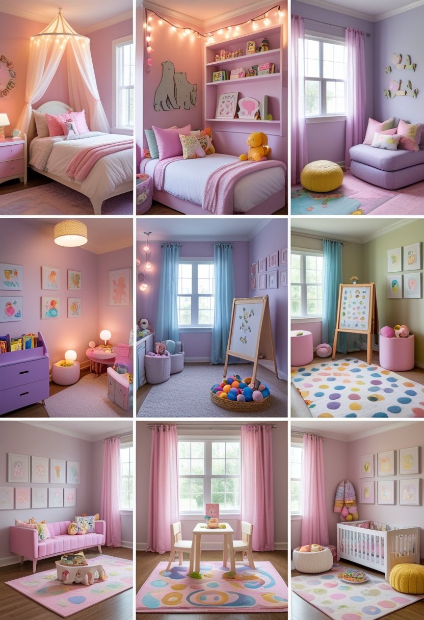 A bright toddler girl's bedroom with various cozy and colorful areas including a bed with fairy lights, reading nook, toy storage, art corner, and playful decorations.