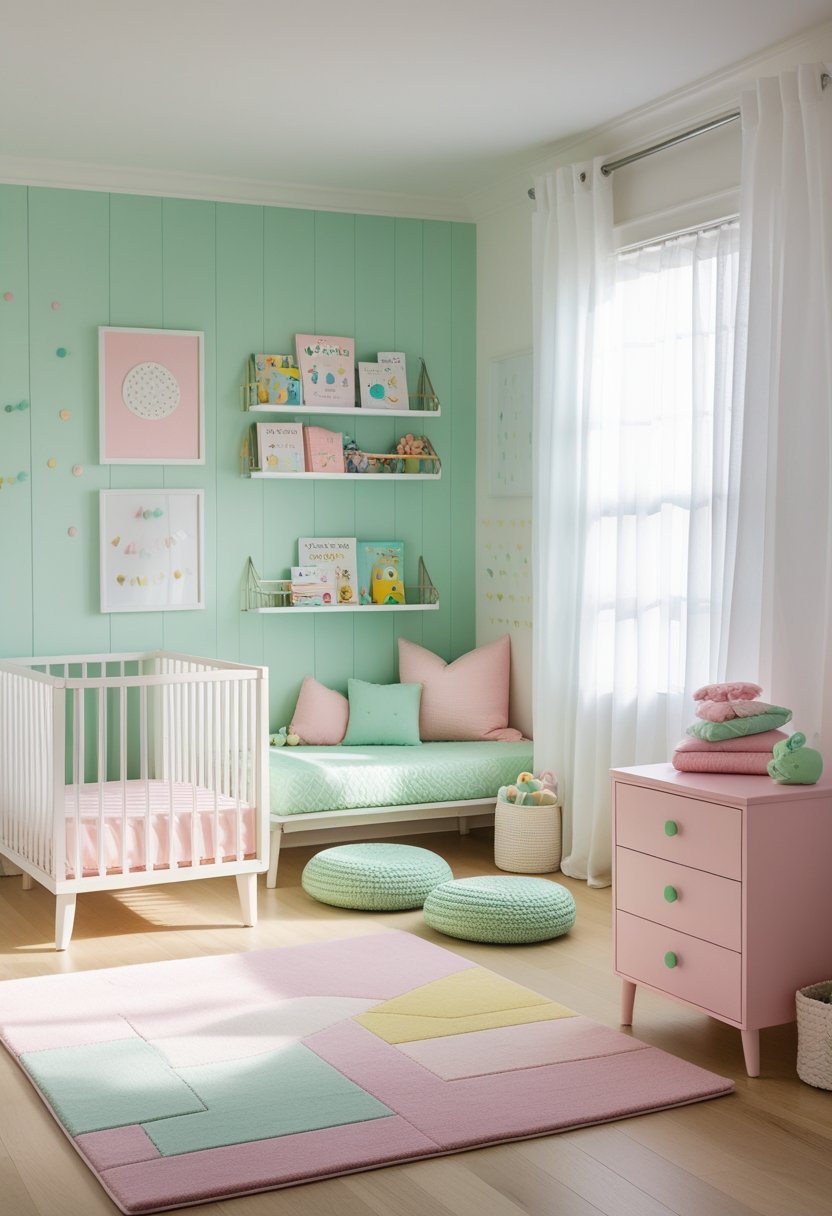 A toddler girl's bedroom with pastel pink and mint green colors, featuring a crib, cushions, bookshelf, dresser, and soft natural light.