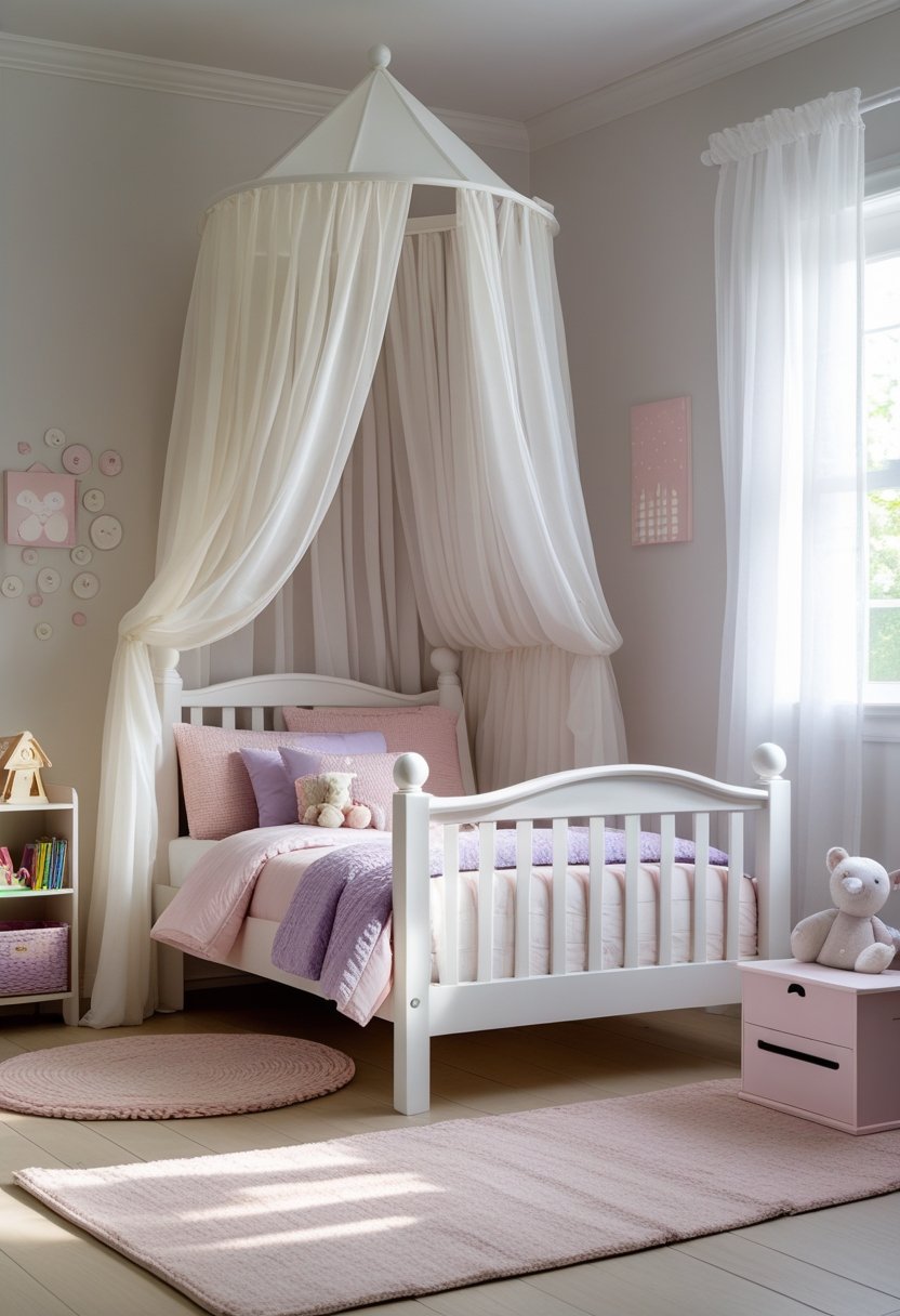A toddler girl's bedroom with a white canopy bed draped in sheer curtains, pastel bedding, toys, and soft natural light.
