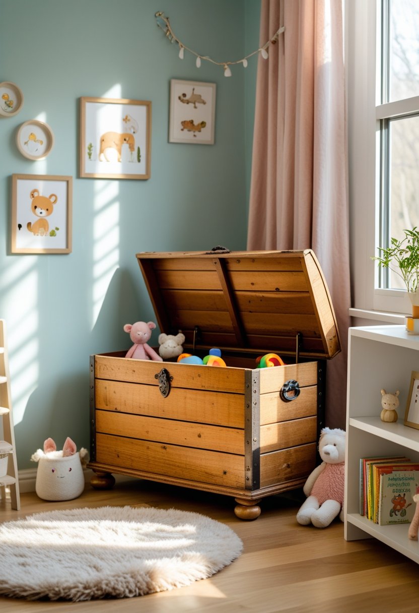 A toddler girl's room with a vintage wooden toy chest open, showing toys inside, surrounded by children's books and soft decorations.