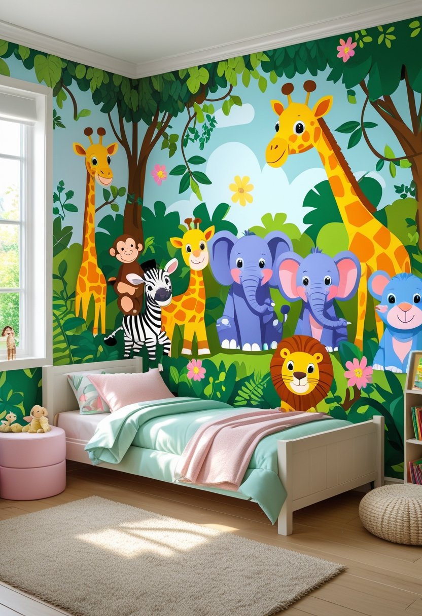 A toddler girl's bedroom with a colorful animal safari mural showing jungle animals like elephants, giraffes, and lions on the wall.