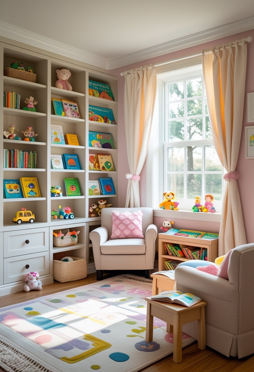 A toddler girl's bedroom with built-in bookshelves filled with books and toys, a small reading nook with cushions, and soft natural light coming through a window.