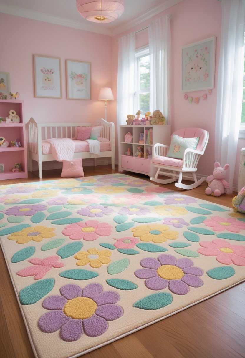 A toddler girl's bedroom with a large floral patterned area rug, pastel-colored furniture, toys, and natural light coming through a window.