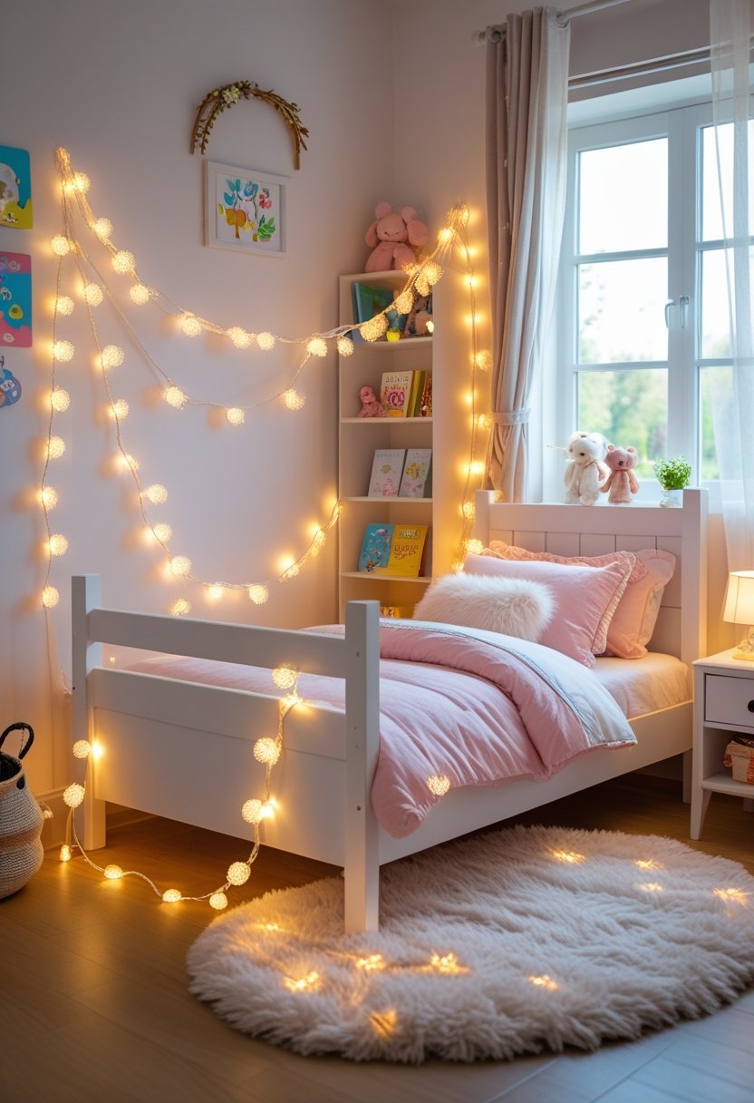 A toddler girl's bedroom with a white bed frame decorated with fairy lights, pastel bedding, stuffed animals, and soft natural light.