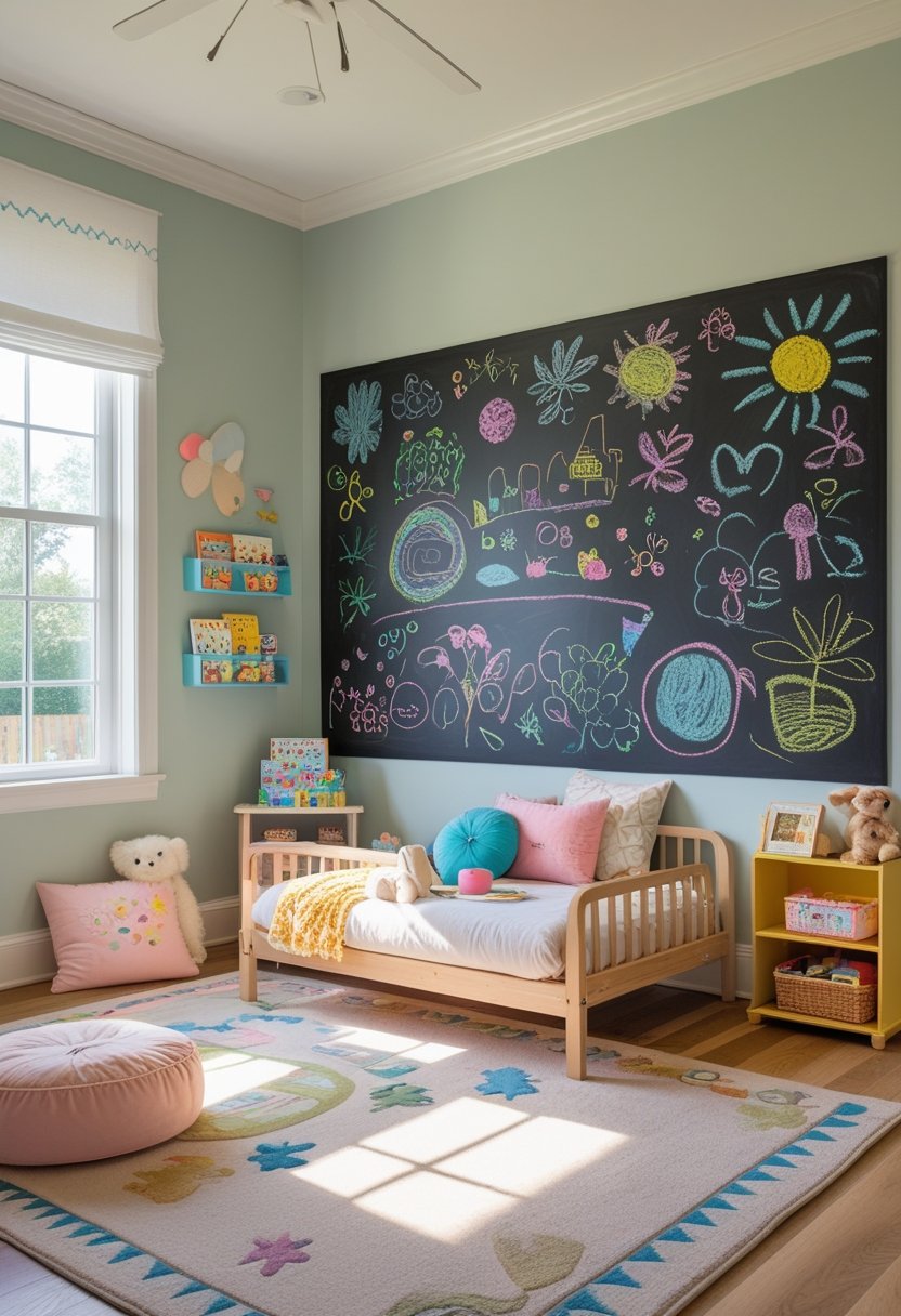 A toddler girl's bedroom with a large chalkboard wall covered in colorful drawings, a small table with art supplies, toys, and soft cushions.