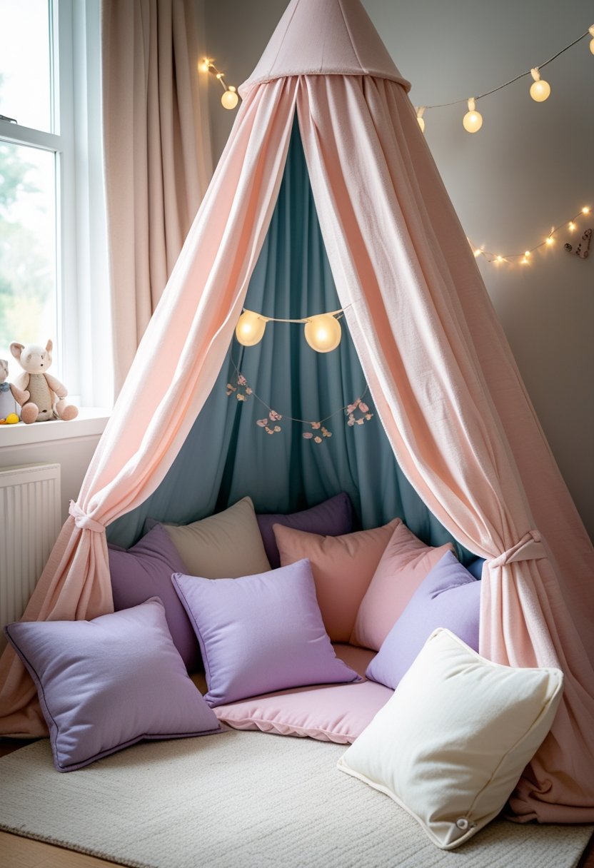 A toddler girl's room with a soft fabric play tent filled with cushions and gentle natural light coming through a window.