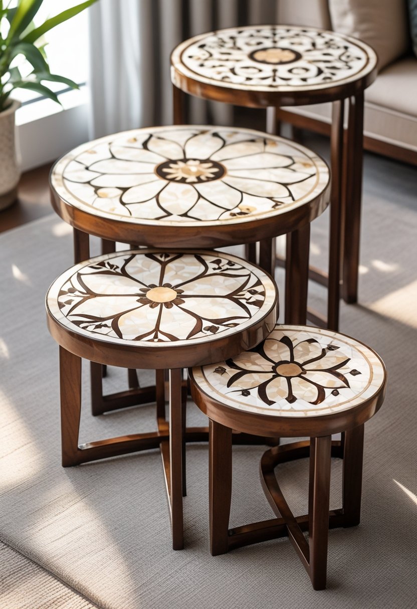 A set of 10 nesting tables with intricate bone inlay designs arranged in a bright room.