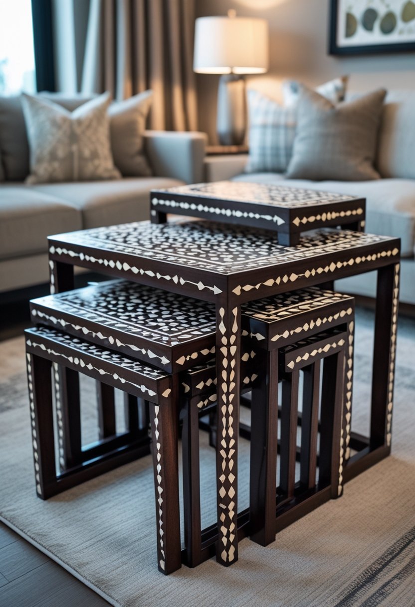 A set of 10 faux bone inlay nesting tables arranged in a living room with a sofa and natural light.