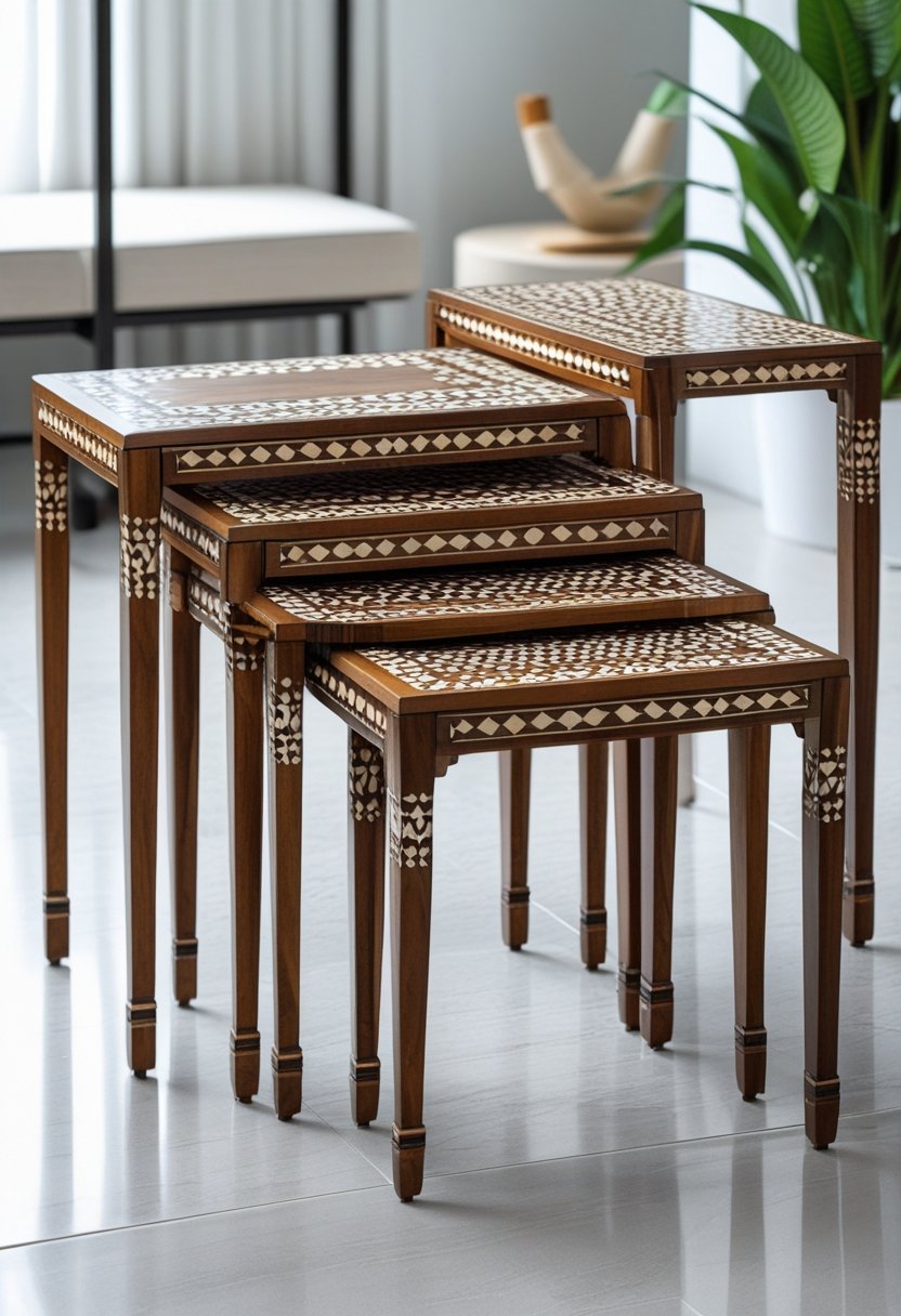 A set of 10 nesting tables with faux bone inlay arranged in a bright, modern room.
