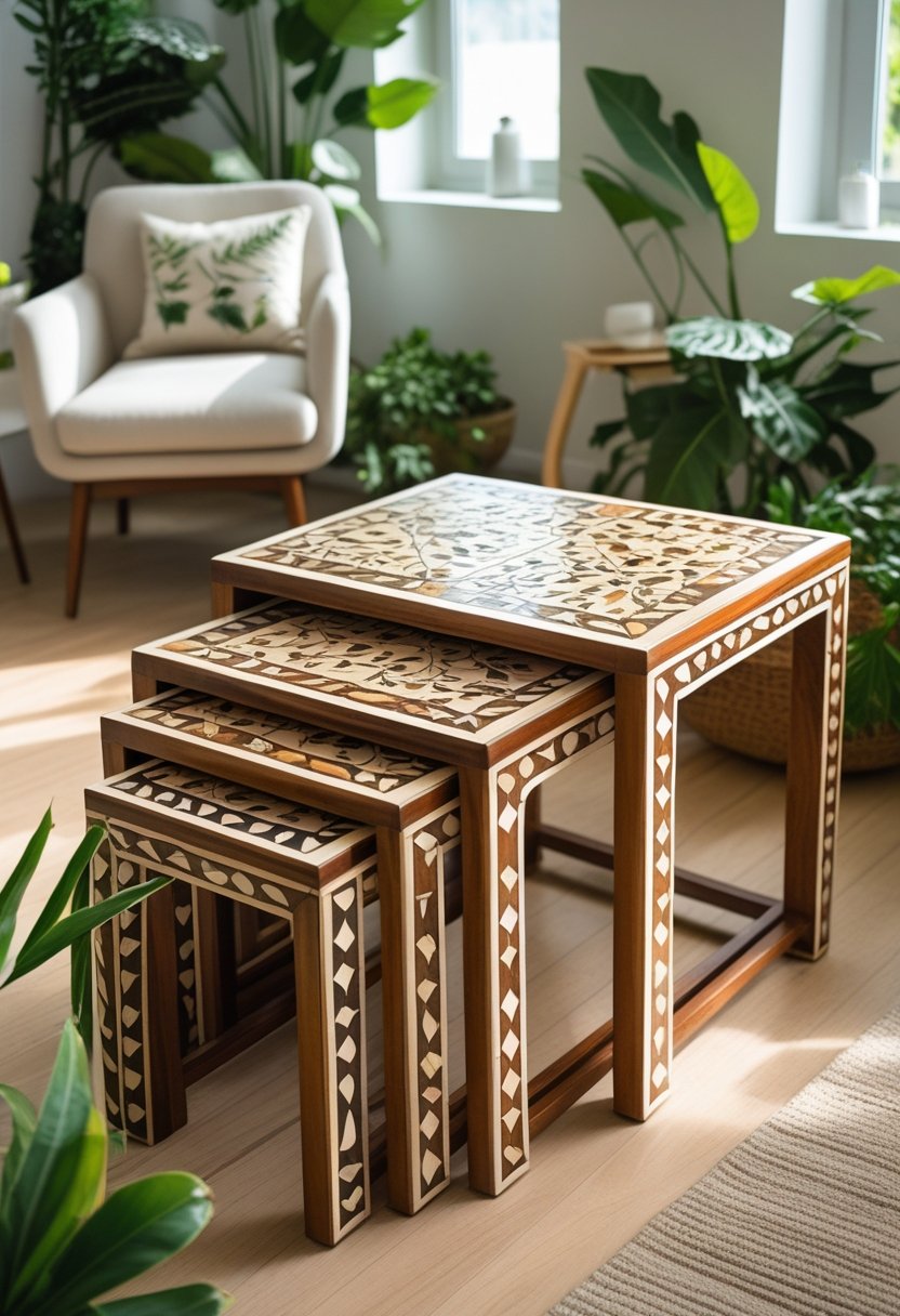 A set of 10 nesting tables with detailed faux bone inlay arranged in a bright living room with plants and natural light.