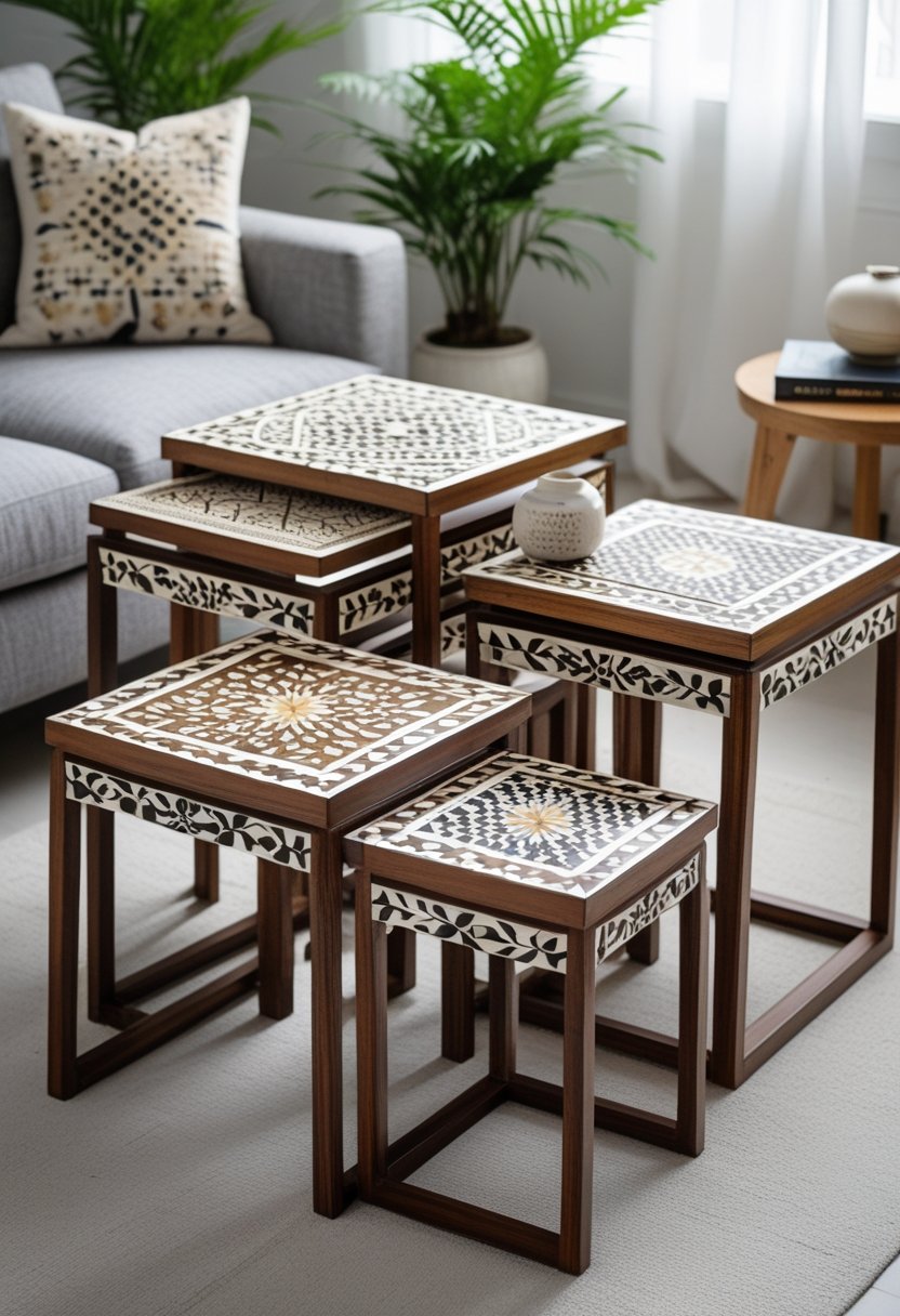 Ten nesting tables with different faux bone inlay patterns arranged in a modern living room.