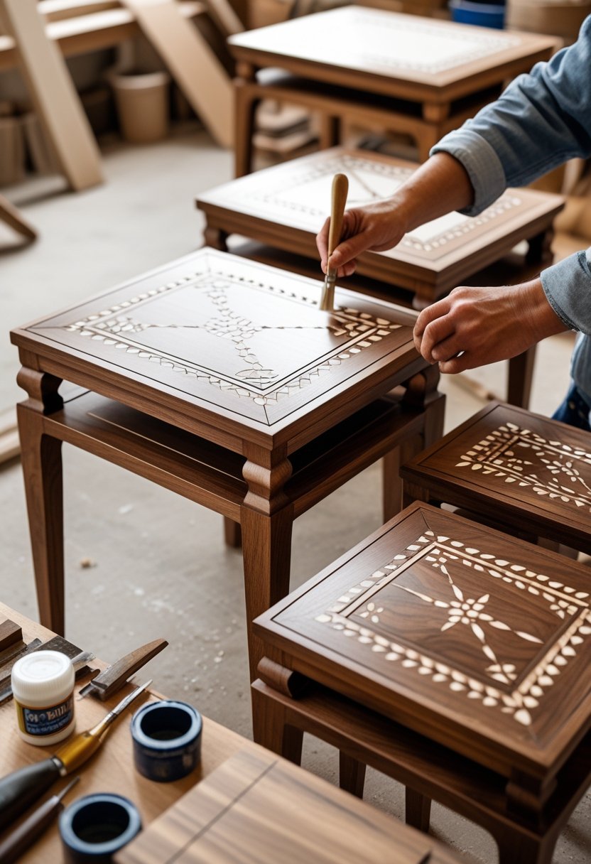 Close-up of hands applying faux bone inlay patterns on wooden nesting tables in a workshop.