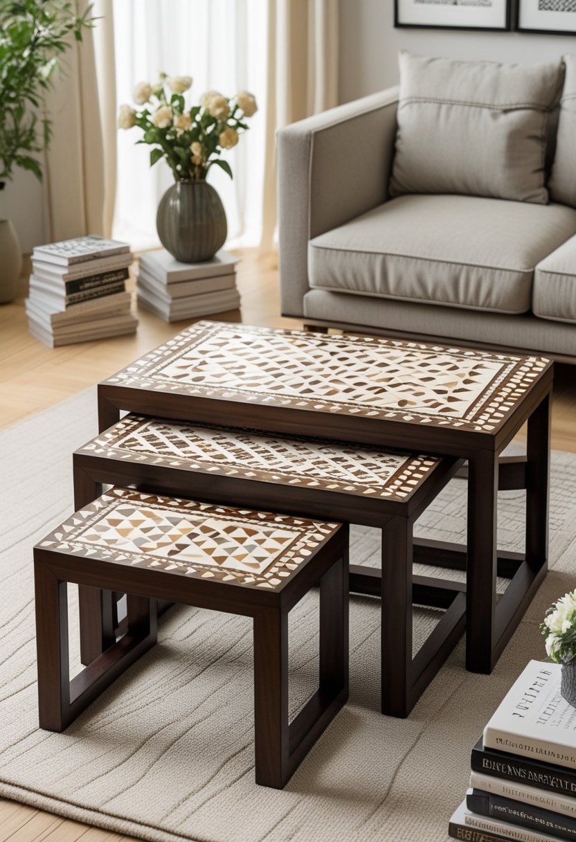 A set of 10 faux bone inlay nesting tables arranged in a living room with a sofa, rug, and decorative items.