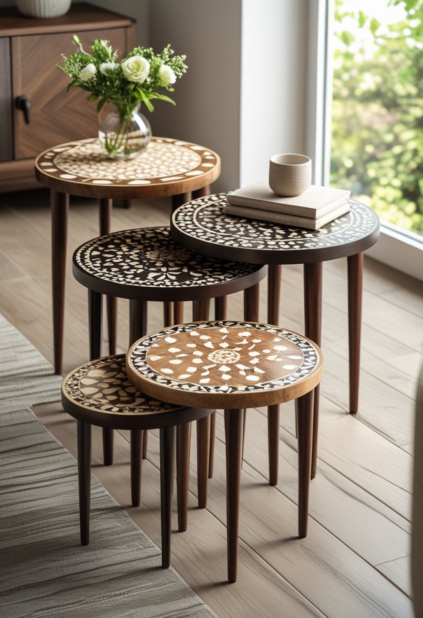 A set of 10 nesting tables with faux bone inlay tops in various colors arranged together in a bright room.