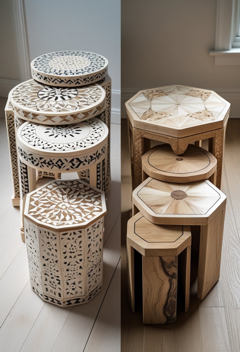 Two sets of nesting tables side by side on a wooden floor, one set made of faux bone inlay and the other made of real bone inlay, showing their design and texture differences.