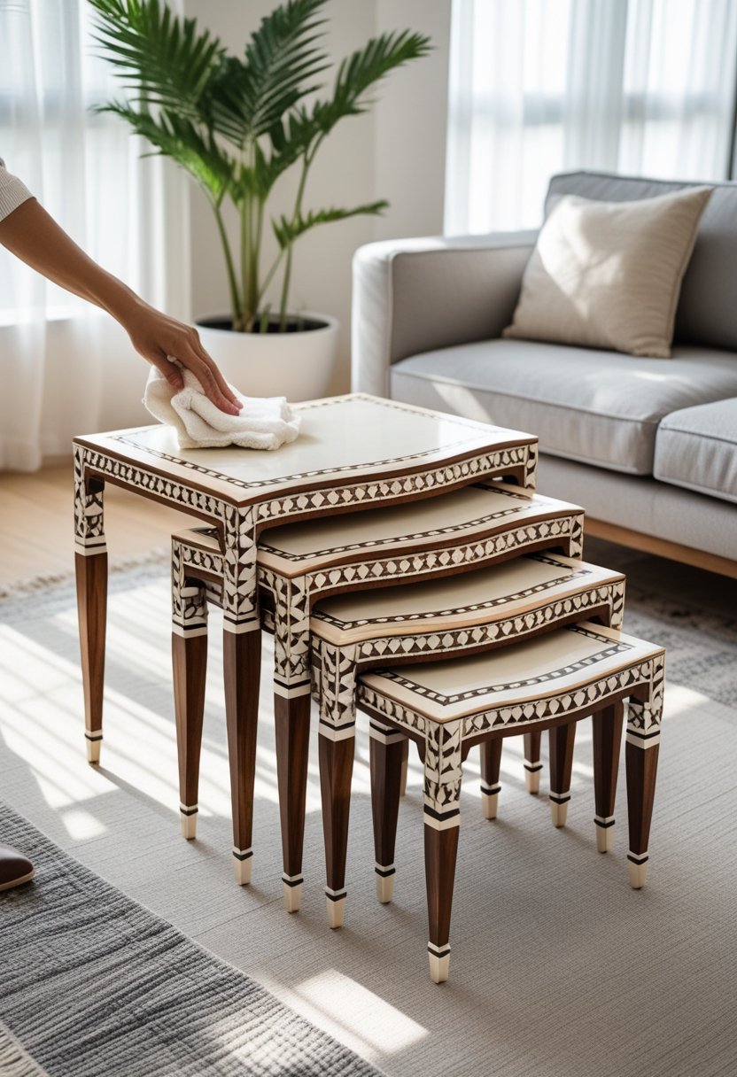 A set of 10 faux bone inlay nesting tables in a bright living room with a person cleaning one table using a soft cloth.