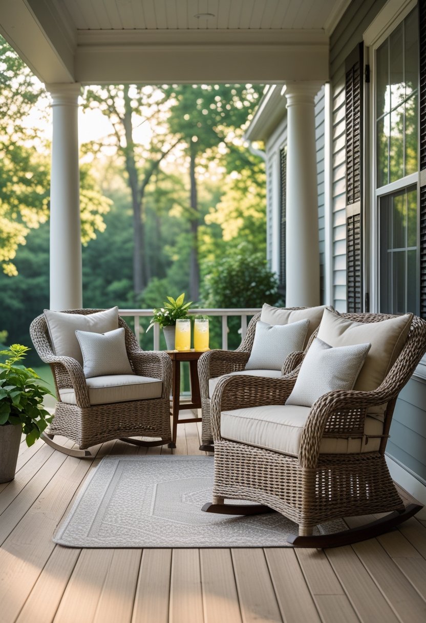 A back porch with cushioned wicker chairs and a small table surrounded by greenery.