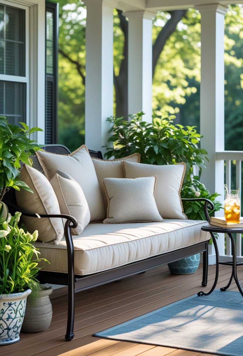 A padded bench with cushions on a wooden back porch surrounded by plants and a small table with a glass of iced tea and a book.