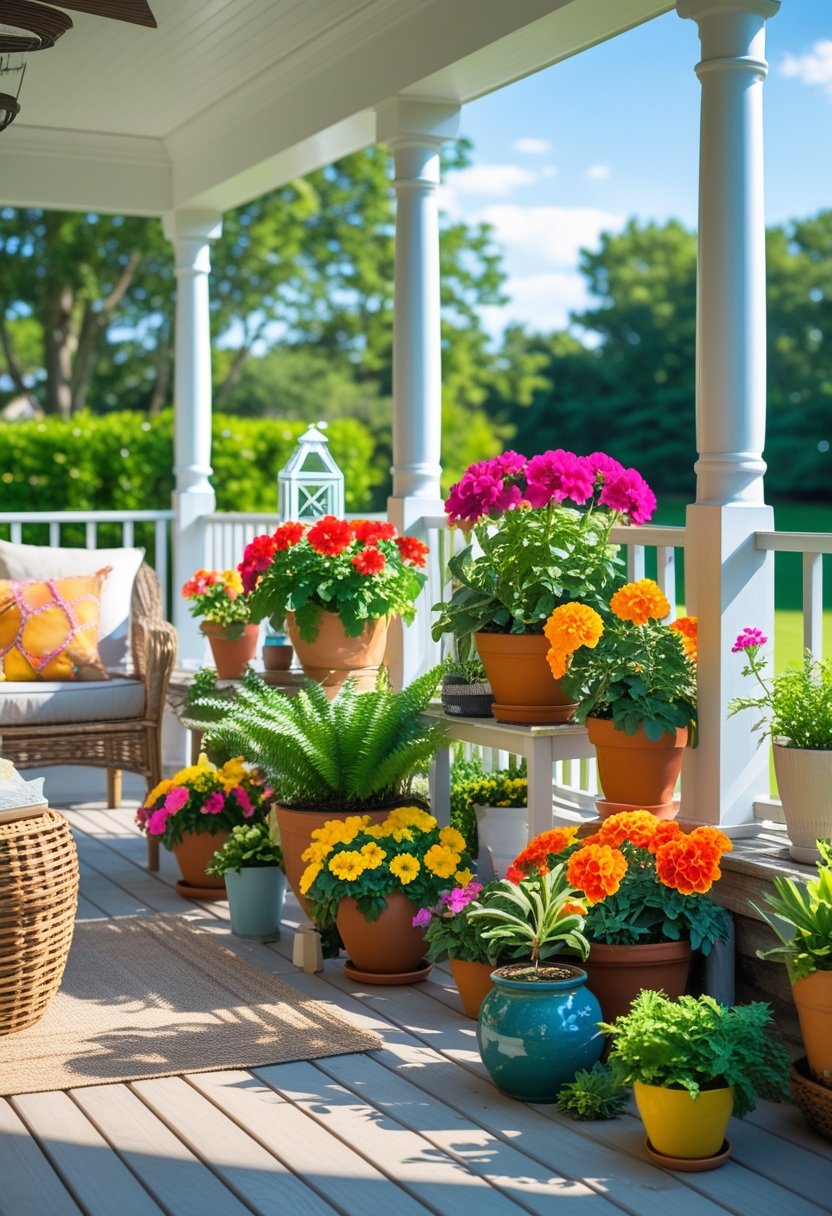 A summer back porch decorated with colorful potted plants, comfortable seating, and natural sunlight.